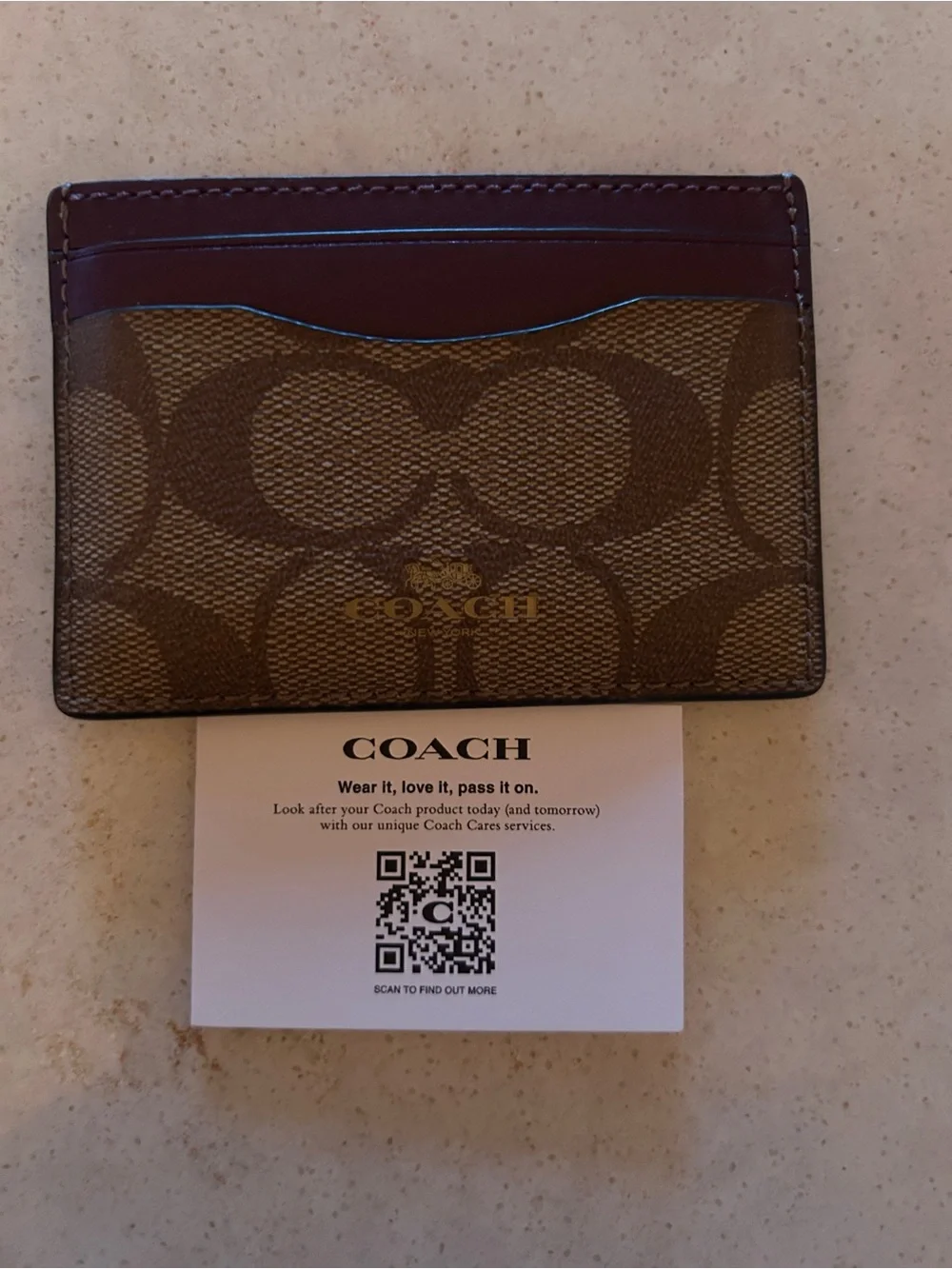 Coach Brown Signature Canvas Card Holder with Purple&Chestnut Leather